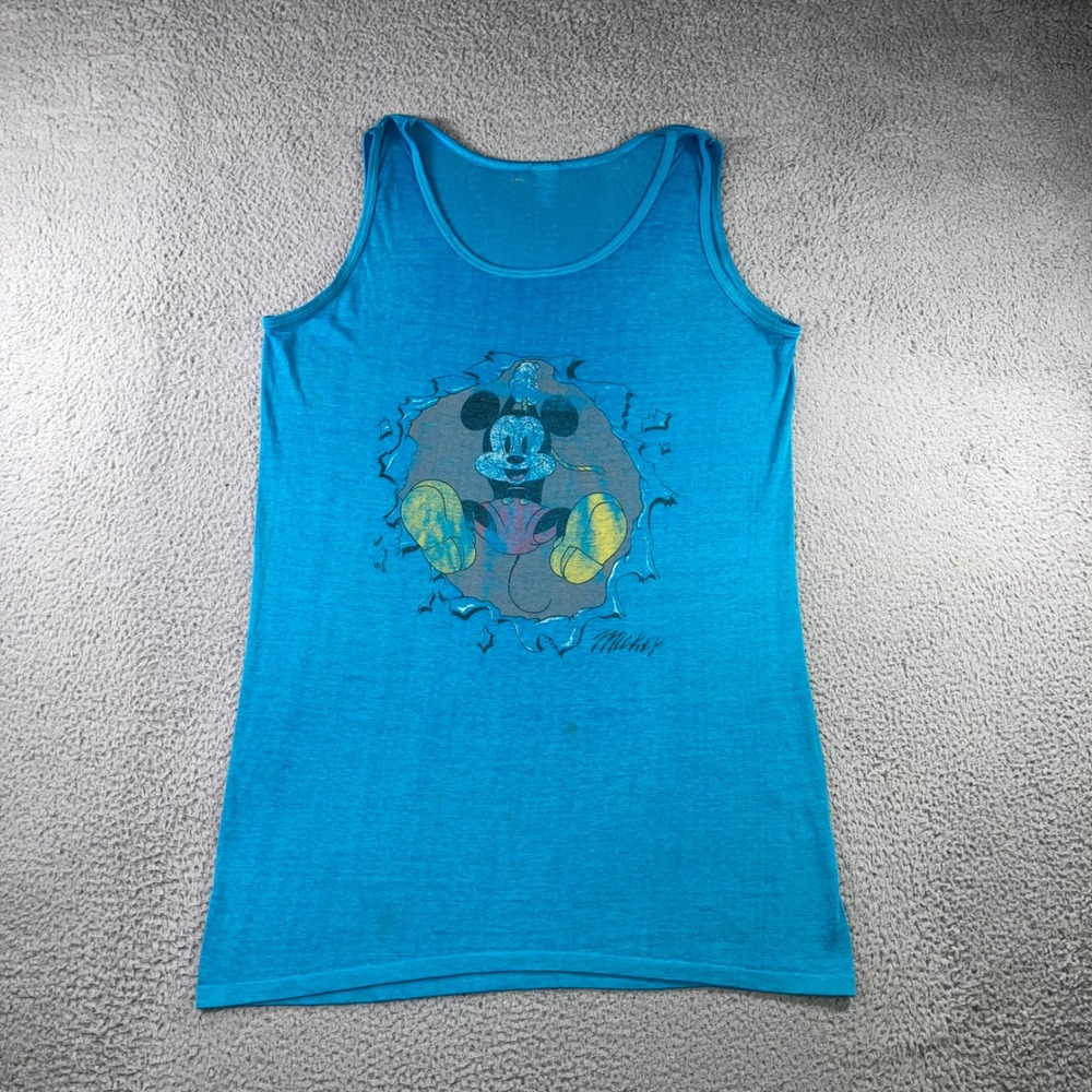 Vtg 80s Walt Disney Mickey Mouse Tank Top 2XL Blue Graphic Lightweight Unisex